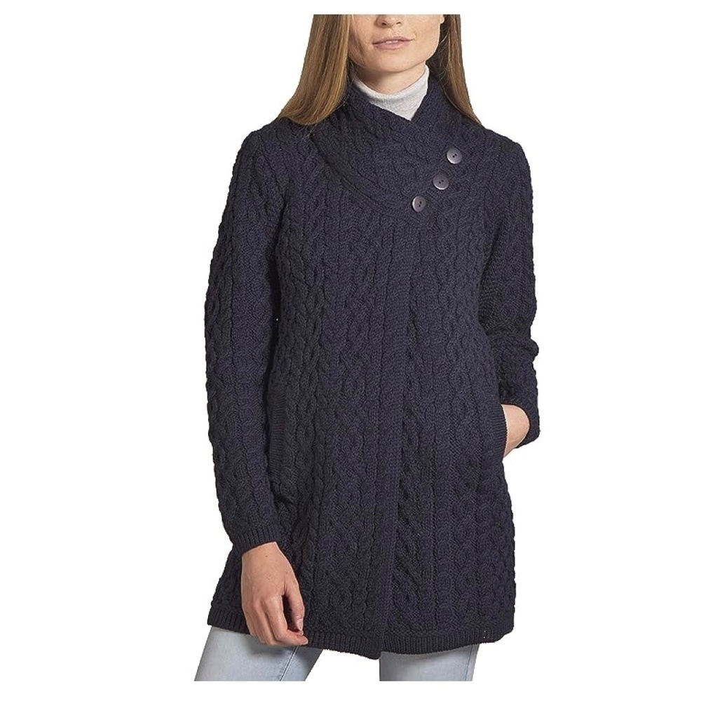 Aran Crafts Irish Knit Three Button Collar Coat Blue 100% Merino Wool NEW NWT